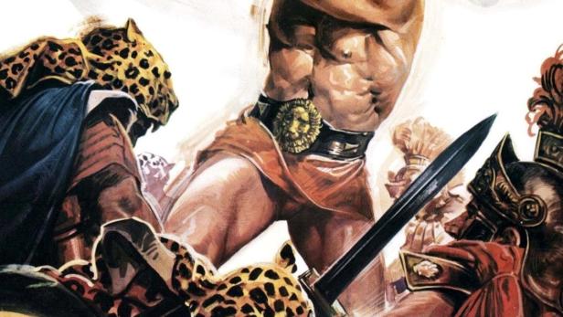 Ein muskulöser Mann schwingt eine Kette über dem Titel „Il Figlio di Spartacus“.