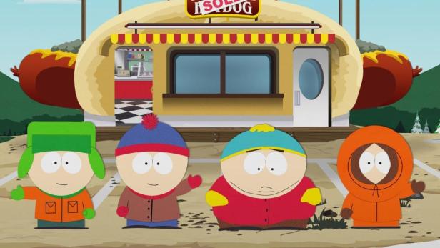 Die vier Hauptfiguren aus „South Park“ stehen vor einem Hotdog-Stand.