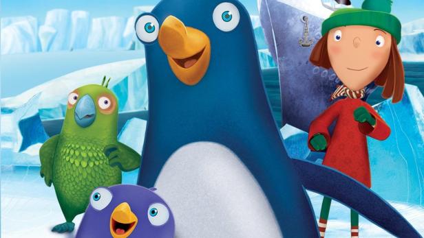 Das animierte Filmplakat für „Jasper: Journey To The End Of The World“ zeigt Pinguine, einen Papagei und ein Mädchen vor einer Eislandschaft.