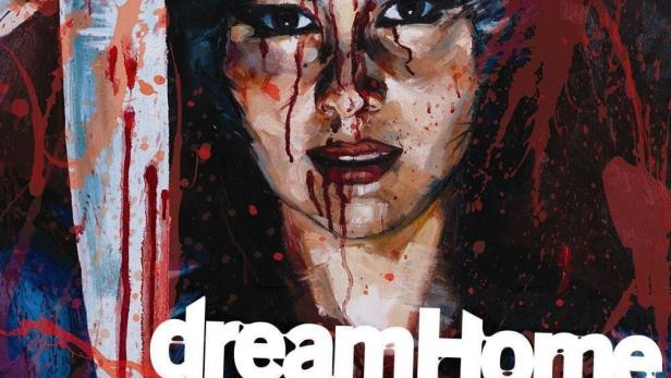 Das Filmplakat für „Dream Home“ zeigt eine Frau mit blutverschmiertem Gesicht und einem Messer in der Hand.