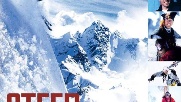 Das Filmplakat für „Steep“ zeigt einen Skifahrer an einem steilen Berghang.