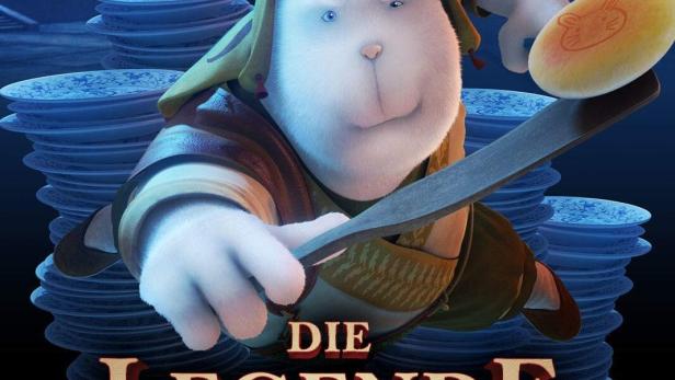 Ein animierter Hase mit Kochlöffel und Gebäck vor dem Hintergrund des Films „Die Legende des Kung Fu Kaninchens“.