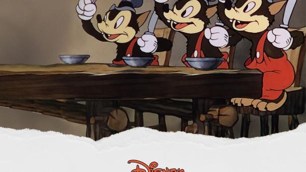 Das Filmplakat für „Die drei kleinen Wölfe“ von Disney zeigt drei Wölfe am Esstisch.