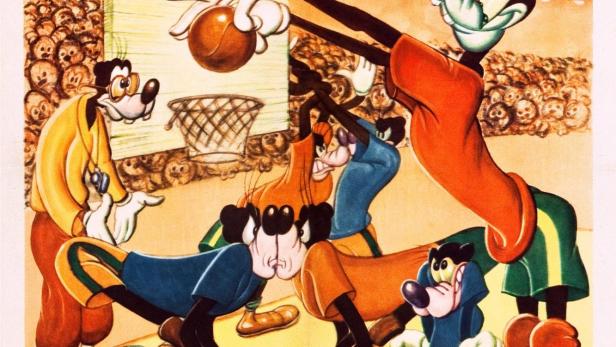 Das Filmplakat für Walt Disneys „Double Dribble“ zeigt Goofy und andere Figuren beim Basketball.