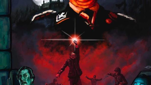 Das Poster für „Der Goldene Nazivampir von Absam 2“ zeigt einen Vampir-Nazi und andere unheimliche Gestalten.