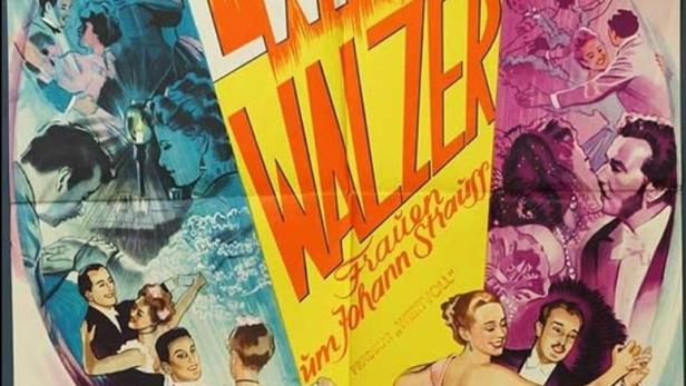 Das Filmplakat für „Ewiger Walzer“ zeigt tanzende Paare und die Namen der Schauspieler.