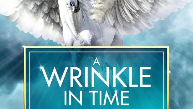 Drei Kinder reiten auf einem geflügelten weißen Pferd vor dem Hintergrund des Filmplakats „A Wrinkle in Time“.
