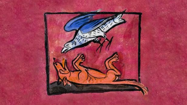 Plakat der Viennale 2025 zeigt Fuchs, der sich totstellt, um einen Vogel anzulocken - eine Buchillustration aus dem 13. Jahrhundert.