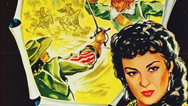 Filmposter für „Die Abenteuer der 3 Musketiere“ mit Yvonne Sanson und Fechtszenen.