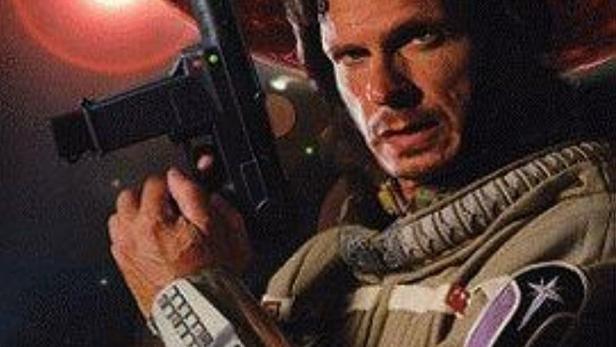 Ein Mann mit einer Waffe vor einer futuristischen Stadtkulisse und dem Titel „Cyberzone“.