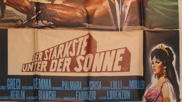 Das Filmplakat für „Der Stärkste unter der Sonne“ mit Mark Forest zeigt eine Schlacht und eine Frau im Kleid.