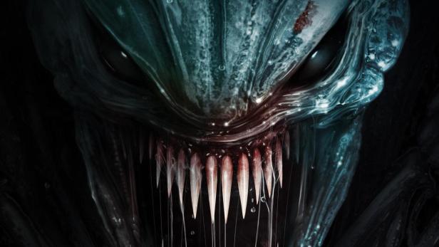 Das Cover von „Alien: Rubicon“ zeigt das Gesicht eines furchterregenden Aliens mit spitzen Zähnen.