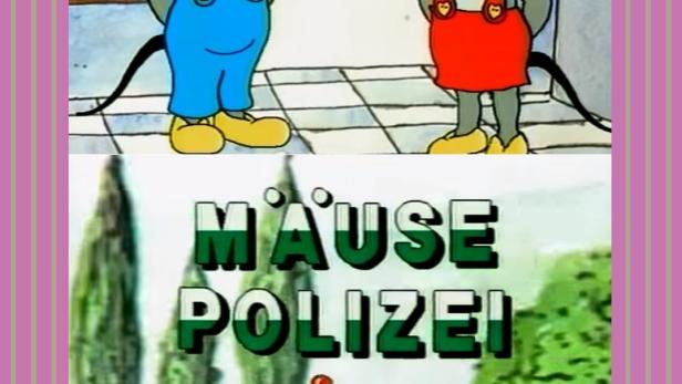 Szene aus der Zeichentrickserie „Mäusepolizei“ mit zwei Mäusen und einem Polizeiwagen.