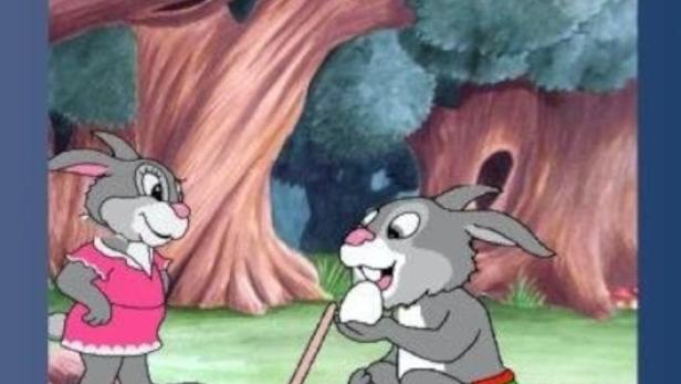 Cover des Films „Abenteuer im Tal der Osterhasen“ mit zwei Hasen beim Eier bemalen.