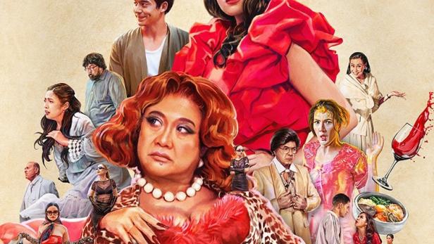 Das Filmplakat für „Kontrabida Academy“ zeigt eine Gruppe von Schauspielercharakteren vor einem Schulgebäude.