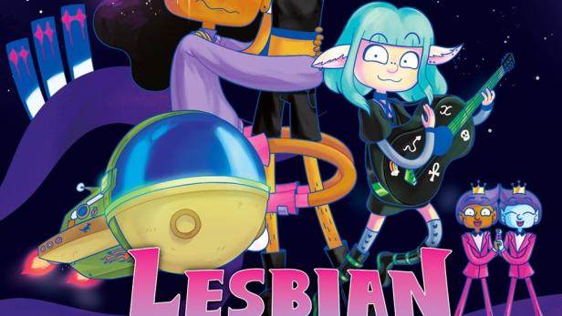 Das Filmplakat für „Lesbian Space Princess“ zeigt vier animierte Figuren und ein Raumschiff vor einem Sternenhimmel.