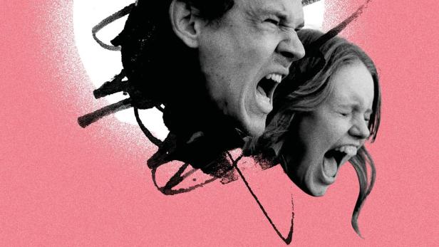 Ein Mann und eine Frau schreien auf einem Filmplakat mit dem Titel „Jossain on valo joka ei sammu“.