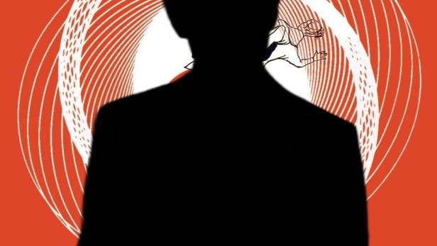 Das Filmplakat für „Vertigo“ von Kim Novak zeigt eine Silhouette vor einem roten Hintergrund.