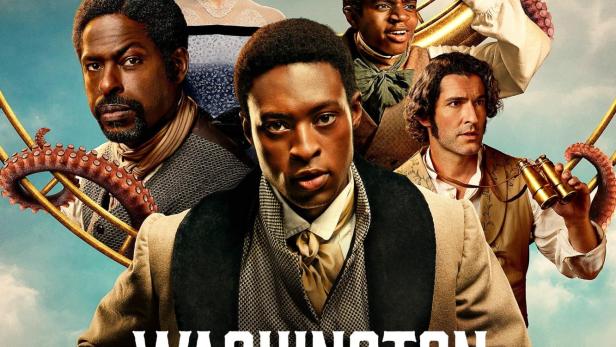 Das Poster für „Washington Black“ zeigt die Hauptfiguren vor einem Luftschiff und einem Himmel voller Wolken.