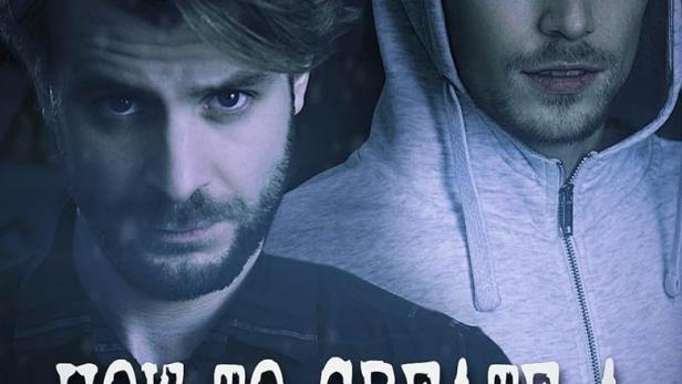 Das Filmplakat für „How to Create a Demon“ zeigt zwei Männer vor dunklem Hintergrund.