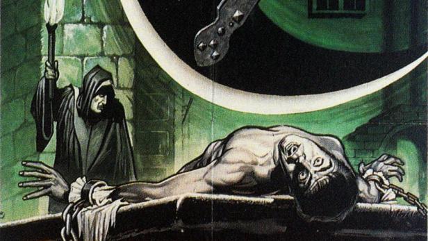 Das Filmplakat zu Edgar Allan Poes „Das Pendel des Todes“ zeigt einen gefesselten Mann unter einem Pendel.