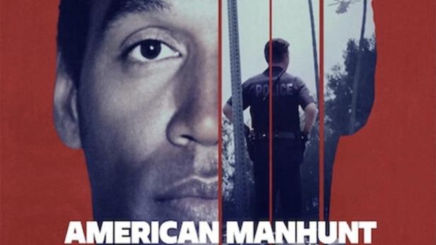 Das Poster für „American Manhunt: O.J. Simpson“ zeigt Simpson, einen Tatort und eine Verfolgungsjagd.