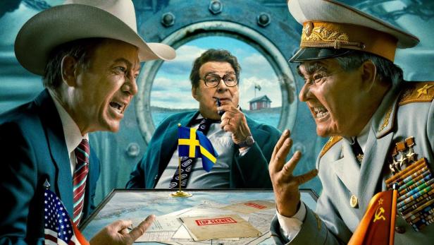 Das Filmplakat für „Whiskey on the Rocks“ zeigt einen Cowboy, einen Schweden und einen russischen General, die einen Konflikt planen.