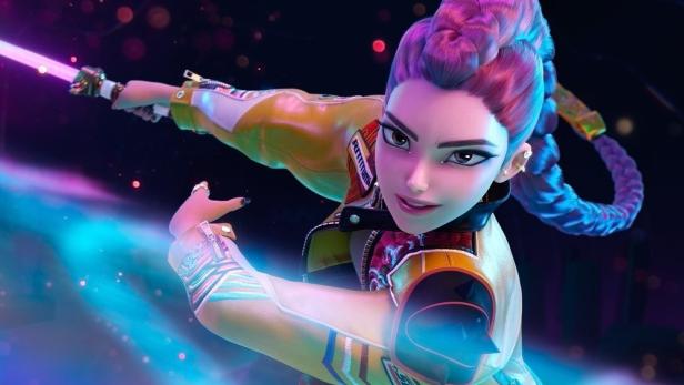 Animierte Frauenfigur mit Lichtschwert aus „KPop Demon Hunters“.