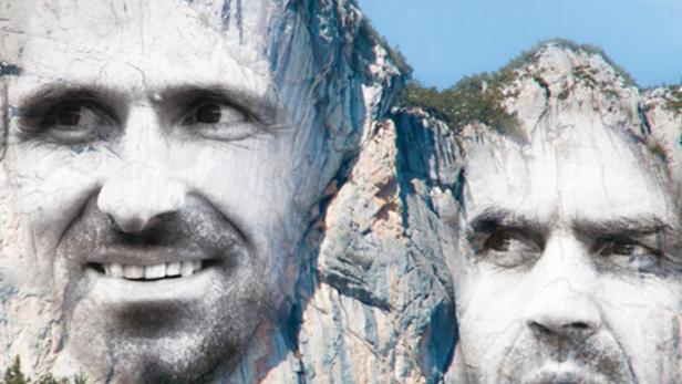 Das Cover des Films „Die Huberbuam 3D“ zeigt die Gesichter der Kletterer in Felsformationen.