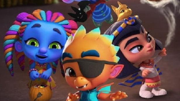 Das Poster für „Super Monsters Save Halloween“ zeigt animierte Monsterkinder vor einem Halloween-Hintergrund.