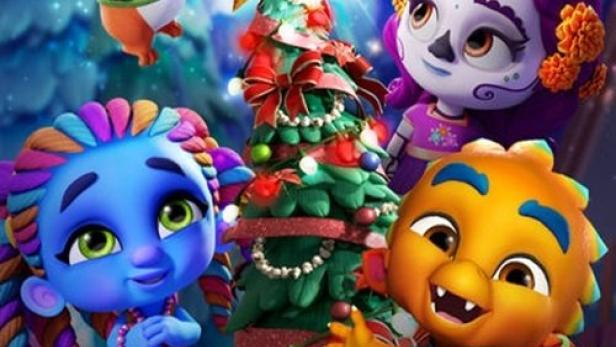 Das Poster für „Super Monsters: Die Wunschstern“ auf Netflix zeigt animierte Monsterfiguren und einen Weihnachtsbaum.