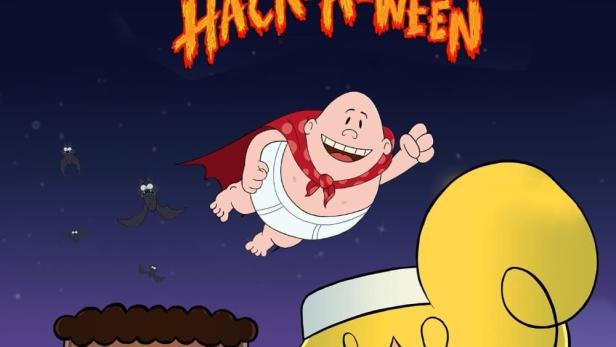 Das Poster für „The Spooky Tale of Captain Underpants: Hack-A-Ween“ zeigt Captain Underpants und zwei Kinder in Halloween-Kostümen.
