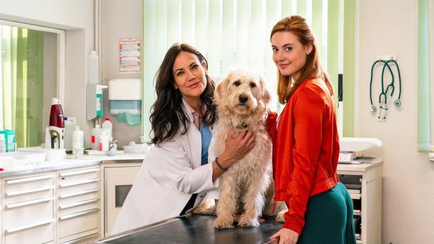 Bettina Zimmermann und Meriel Hinsching in ihren Rollen als Tierärztinnen halten einen Hund im Praxiszimmer auf dem Behandlungstisch.
