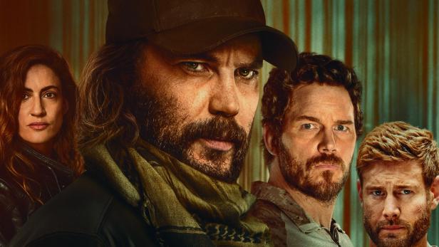 Vier Hauptdarsteller auf dem Plakat zur Action-Dramaserie „The Terminal List: Dark Wolf“ von Prime Video.