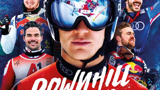 Fünf Skifahrer auf dem Filmplakat zur Skidoku „Downhill Skiers“.