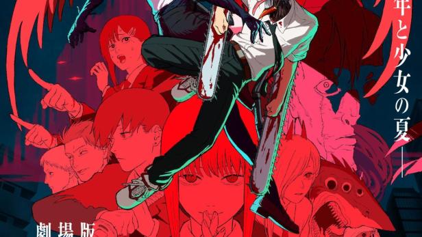 Das Filmplakat für „Chainsaw Man“ zeigt die Charaktere in roter Farbgebung.