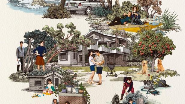 Das Poster für den Film „어쩔수가없다“ (Tangs Land), der verschiedene Szenen aus dem Leben einer Familie zeigt.