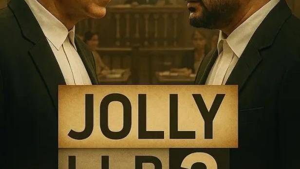 Das Filmplakat zu „Jolly LLB 3“ zeigt zwei Anwälte, die sich gegenüberstehen.