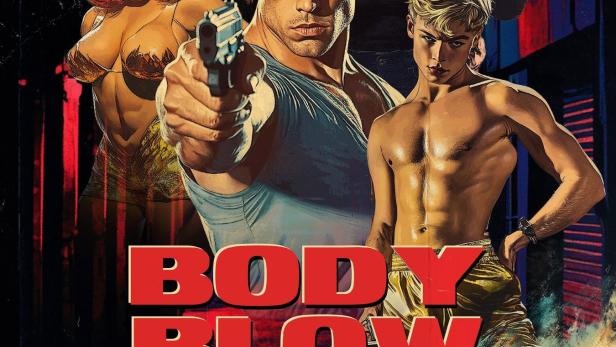 Das Filmplakat für „Body Blow“ zeigt eine Gruppe von Personen und ein Auto.
