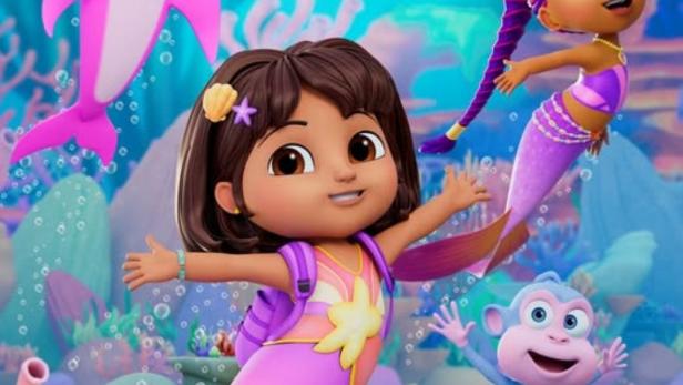 Dora, ein Delfin und Boots als Meerjungfrauen in „Dora: Magic Mermaid Adventures“.