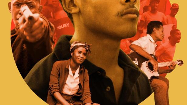 Das Filmplakat für „Disco Afrika“ zeigt verschiedene Szenen und Charaktere vor einem gelben Hintergrund.