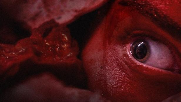 Das Filmplakat für „Vleesdag“ zeigt ein blutverschmiertes Gesicht mit einem weit aufgerissenen Auge.