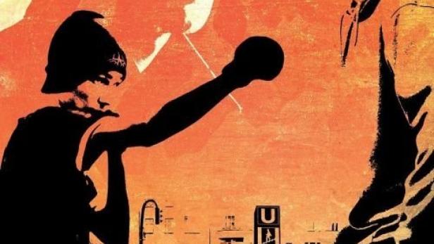 Das Filmplakat für „Friedensschlag – Das Jahr der Entscheidung“ zeigt zwei Boxer in Berlin.