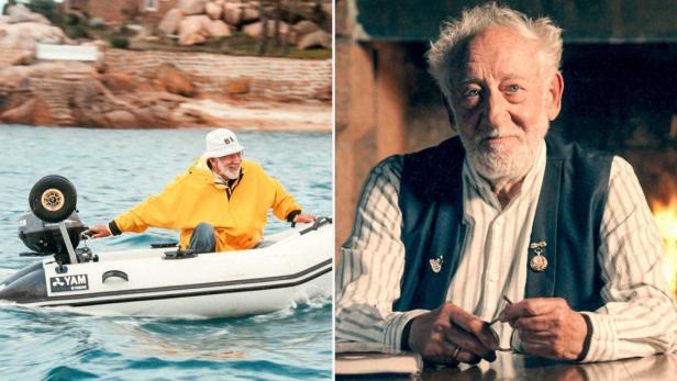 Dieter Hallervorden in einem Motorboot und am Esstisch.