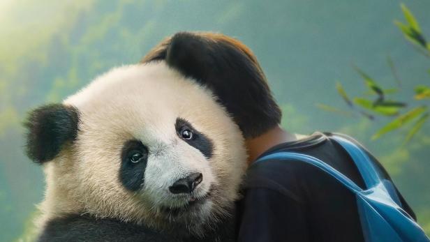Ein Panda umarmt ein Kind vor einem grünen Hintergrund, im Stil des Filmplakats „Moon Der Panda“.