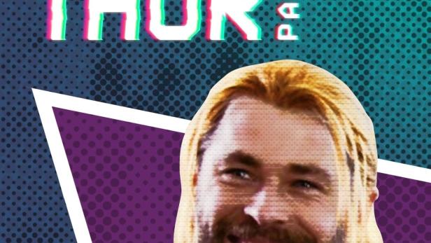 Ein Werbeplakat für „Team Thor: Teil 2“ mit Chris Hemsworth als Thor.