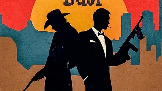 Das stilisierte Poster „The Morricone Duel“ zeigt die Silhouetten eines Cowboys und eines Gangsters.