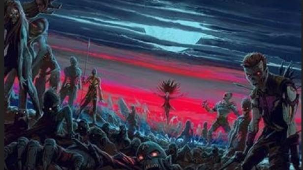 Animierte Zombies erheben sich vor einem blutroten Himmel von einem Leichenfeld.