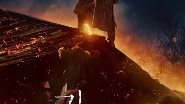 Eine Frau mit Pfeil und Bogen steht auf einem Dach, umgeben von Zombies.