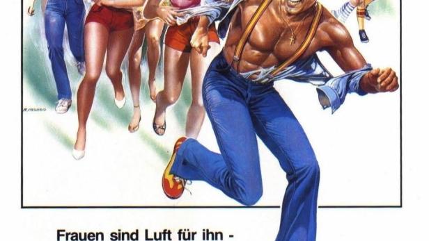 Ein Mann, verfolgt von mehreren Frauen, auf dem Filmplakat zu „Bellissimo“.